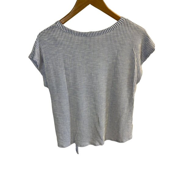 Caution to the Wind Blue White Seersucker Round Neck Tie Front Short Sleeve Top - Picture 2 of 6